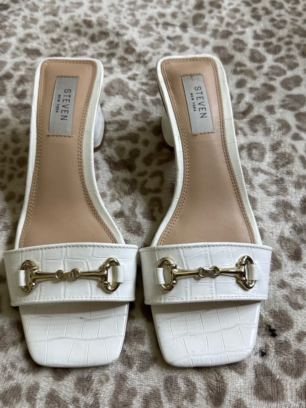 Steve Madden White Croc-Embossed Slide Mules with Gold Bit